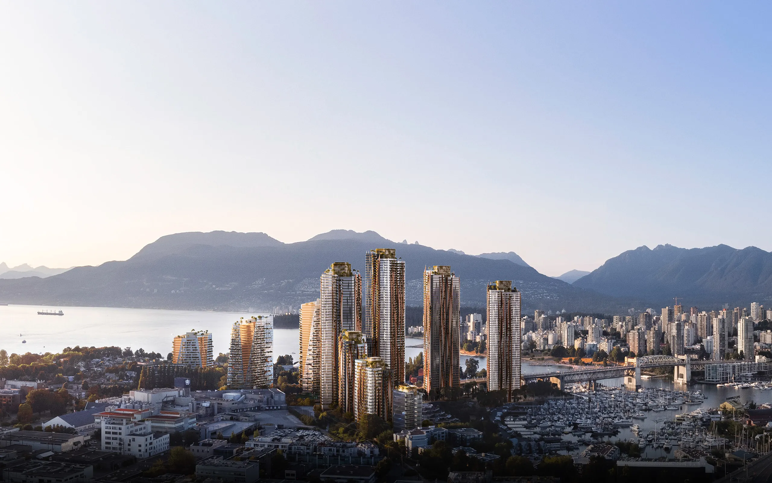 Aerial view of the Sen̓áḵw lands on False Creek